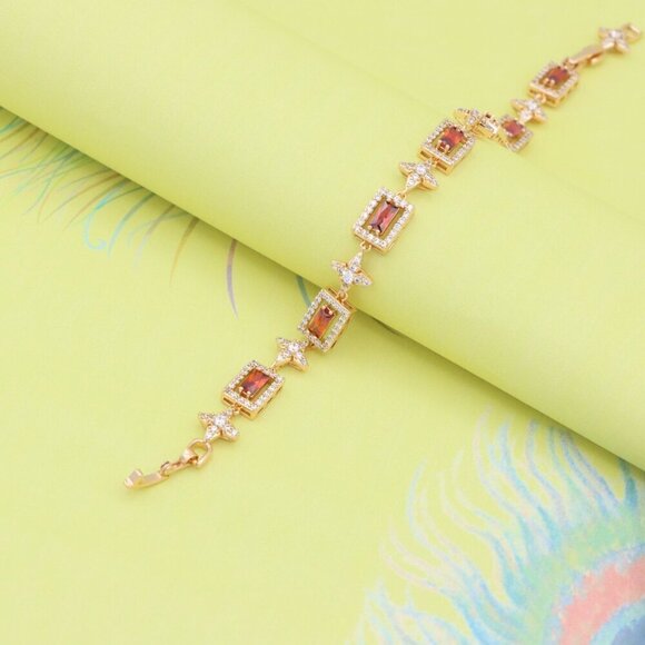 "Rose Gold Bracelet with Red Baguette Stones and Star CZ Links, XPBL0818 - Picture 2 of 12